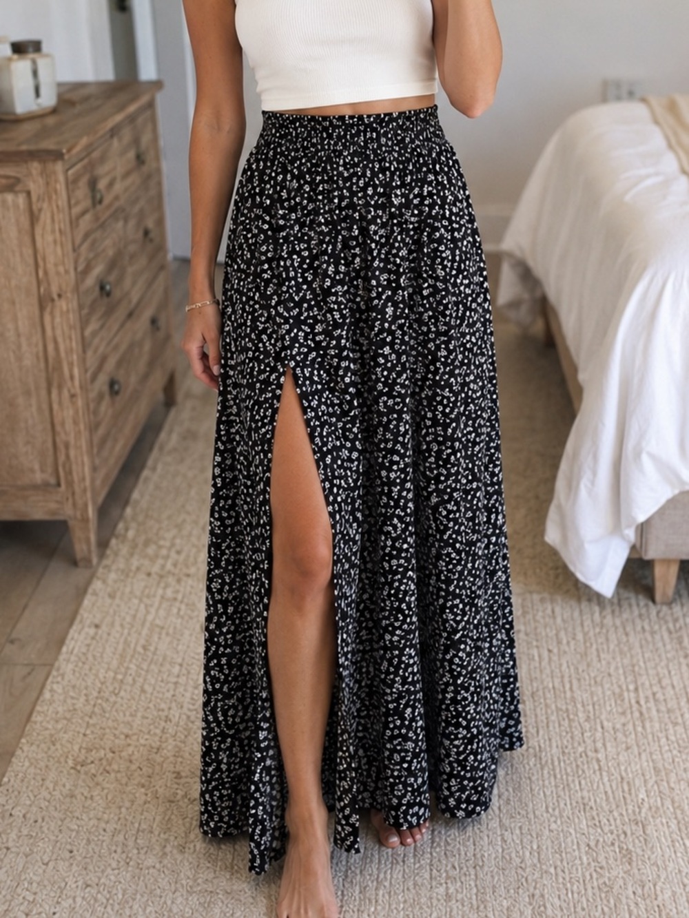 Black Floral Midi Skirt - Lightweight A-Line NWOT